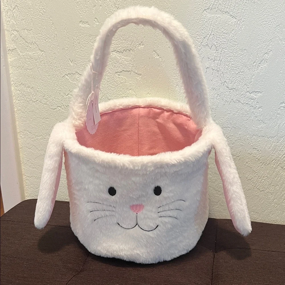 #1473=“16X10”Adorable Bunny Plush Basket - Pink and White
